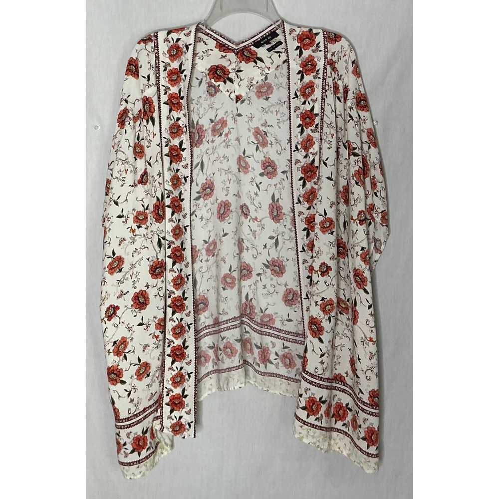 Miss Me Floral Kimono Cardigan Open Front Wrap Orange‎ White Large MMJ0010L